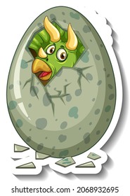 Triceratops dinosaur hatching from an egg cartoon character sticker illustration