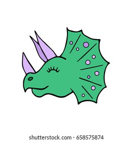 Triceratops dinosaur head, vector illustration doodle drawing. Isolated on white background.