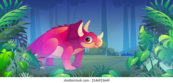 Triceratops dinosaur in jungle, prehistoric wild animal on tropical forest background with palm tree leaves. Jurassic period ancient creature, game personage dino monster, Cartoon vector illustration