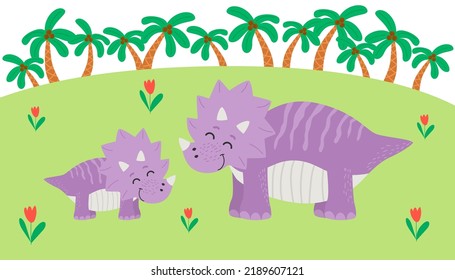 Triceratops dinosaur in jungle, prehistoric wild animal on tropical forest background with palm tree leaves. Jurassic period ancient creature, game personage dino monster, Cartoon vector illustration