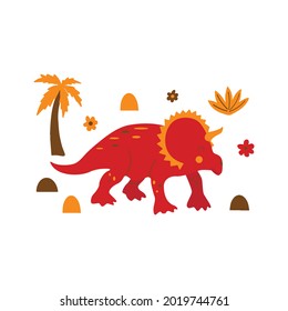 Triceratops dinosaur. Large herbivore, extinct ancient lizard with horn, Jurassic period. Print or poster. Colorful vector isolated illustration hand drawn. White background. Red cute dino