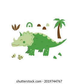 Triceratops dinosaur. Large herbivore, extinct ancient lizard with horn, Jurassic period. Print or poster. Colorful vector isolated illustration hand drawn. White background