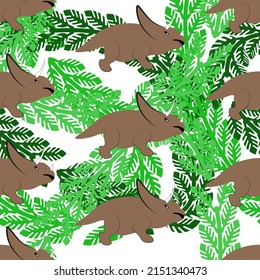 Triceratops dinosaur pattern with green foliage