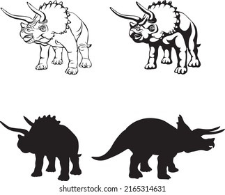 Triceratops, dinosaur realistic image, vector, positions, illustration, black and white, silhouette, logo, trademark, chevron for decoration and design, packaging and posters