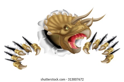 Triceratops dinosaur scratching, ripping and smashing through the background
