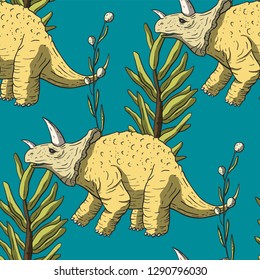 Triceratops Dinosaur Seamless pattern. Jurassic and Cretaceous animal. Prehistoric vector dino.