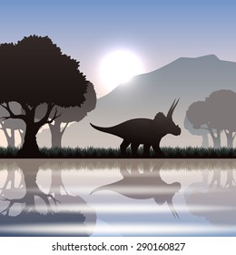 Triceratops dinosaur silhouette in scenic landscape with lake mountain and giant trees vector illustration