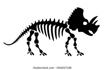 Triceratops Dinosaurier Skelett negative Raum Silhouette Illustration. Prähistorische Kreaturenknochen einzeln auf einfarbigem Hintergrund. Die Dinosauriervegetation, das fossile Design-Element der Triceratops