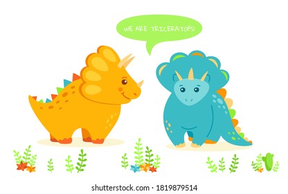 Triceratops dinosaur with speech bubble. Cartoon colorful dino with plants and flowers. Kids design for fabric or textile. Vector illustration isolated on white background