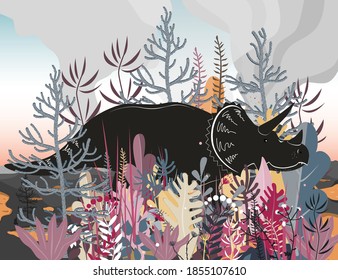 Triceratops dinosaurs walk through a forested area with volcano landscape background. Vector illustration.