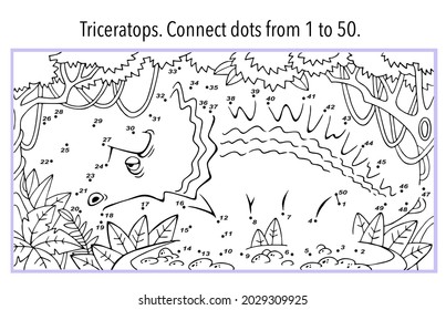 Triceratops. Dot to Dot. Connect the dots from 1 to 50. Game for kids. Vector illustration. Black and white outline for colouring in. 