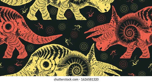 Triceratops double exposure. Seamless pattern. Packing old paper, scrapbooking style. Vintage background. Medieval manuscript, engraving art. Symbol of archeology, paleontology