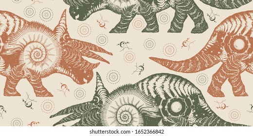 Triceratops double exposure. Seamless pattern. Packing old paper, scrapbooking style. Vintage background. Medieval manuscript, engraving art. Symbol of archeology, paleontology 