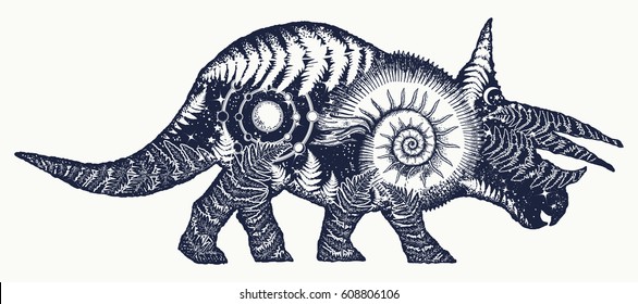 Triceratops double exposure tattoo art. Triceratops dinosaur t-shirt design. Symbol of archeology, paleontology 