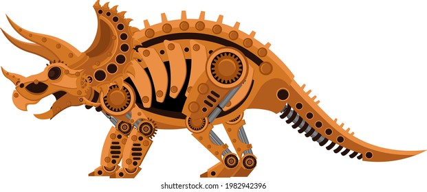 Triceratops dibujando al estilo steampunk. Ilustración vectorial sobre el tema de los dinosaurios sobre un fondo blanco aislado.