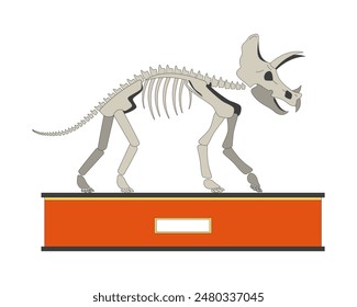 Triceratops exhibit 2D linear cartoon object. Dinosaur skeleton on display isolated line vector element white background. Fossil exhibition. Paleontology museum color flat spot illustration