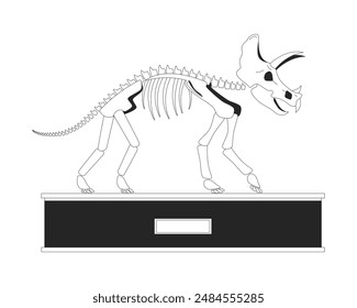 Triceratops exhibit black and white 2D line cartoon object. Dinosaur skeleton on display isolated vector outline item. Fossil exhibition. Paleontology museum monochromatic flat spot illustration