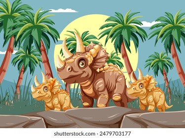 Triceratops family walking in lush prehistoric jungle