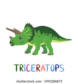 Triceratops green, prehistoric dinosaurs collection. Ancient animals. Hand drawn