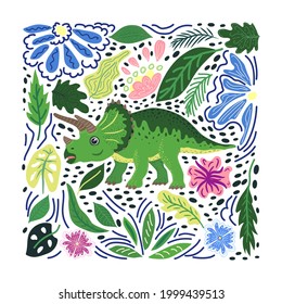 Triceratops green, prehistoric dinosaurs collection. Ancient animals. Hand drawn. In a frame of flowers and leaves.