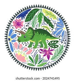 Triceratops green, prehistoric dinosaurs collection. Ancient animals. Hand drawn. In a frame of flowers and leaves.