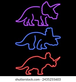 triceratops group neon icons, vector illustration on black background.