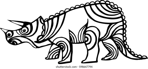 Triceratops hand-drawn. Sketch of dinosaurs with elements of ornament. Jurassic period. Zentangle coloring page