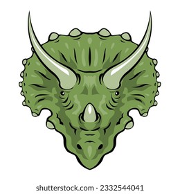 Triceratops head with formidable horns and hood. Herbivore strong dinosaur Jurassic period. Big lizard. Cartoon vector illustration isolated on white background. Hand drawn outline. Design logo, emble