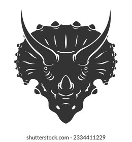 Triceratops head with formidable horns and hood. Herbivore strong dinosaur Jurassic period. Big lizard. Vector illustration isolated on white background. Black silhouette. Design logo, emblem