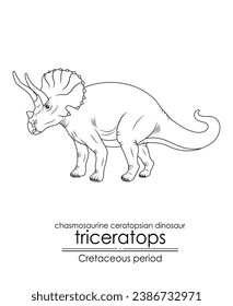 Triceratops, large plant-eating dinosaur from Cretaceous period. Black and white line art, perfect for coloring and educational purposes.