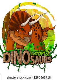 Triceratops on the background of the forest. Vector logo. Dinosaur world