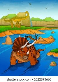 Triceratops on the river background 