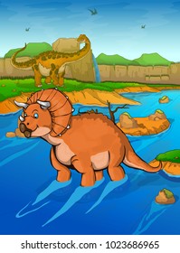 Triceratops on the river background 