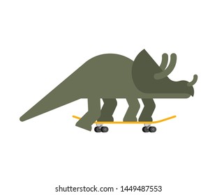 Triceratops on skateboard. Dino Skateboarder. Prehistoric lizard monster riding longboard
