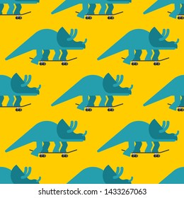 Triceratops on skateboard pattern seamless. Dino Skateboarder background. Prehistoric lizard monster riding longboard
