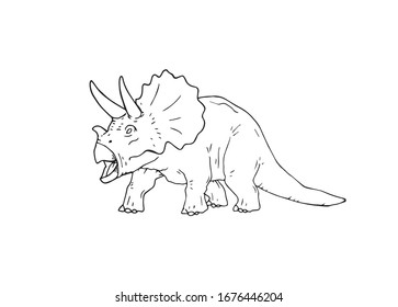 Triceratops outline sketch on a white paper hand drawn illustration. Dinosaur ancient prehistoric animal vector drawing graphic. Big extincted reptile beast creature, character drawing.