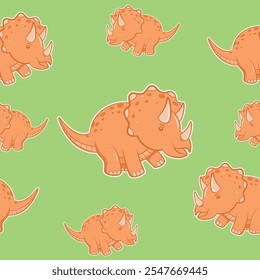 desenho animado padrão triceratops laranja com borda branca e fundo verde