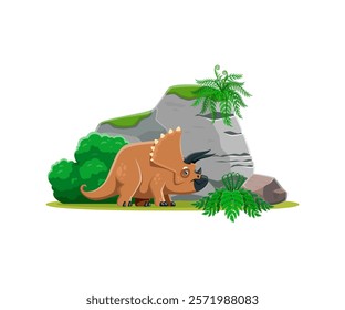 Triceratops Prehistoric dinosaur. Isolated cartoon vector herbivorous dino that lived during the late cretaceous period, stands at lush landscape with ferns and rocks, covered with moss and bushes