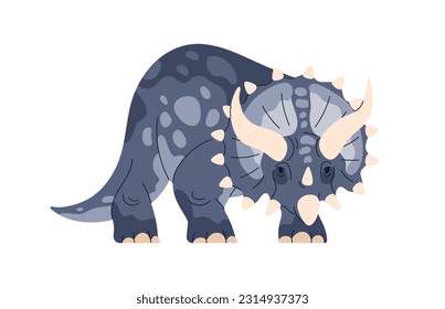 Triceratops, prehistoric reptile. Large dinosaur. Extinct animal of prehistory Jurassic period. Big massive dino with horns. Ancient creature. Flat vector illustration isolated on white background