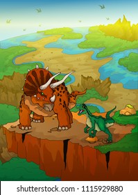 Triceratops and raptor with landscape background. Vector illustration.