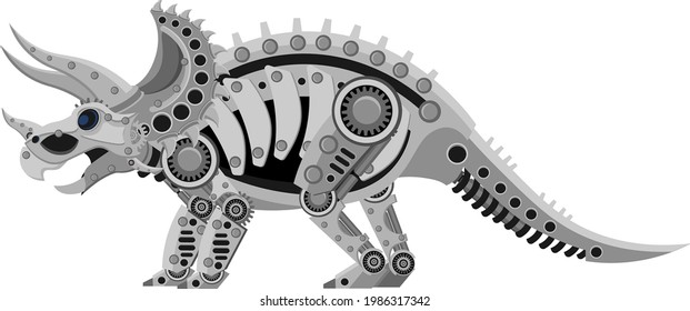 A triceratops robot in a metallic steampunk style. A cyborg dinosaur on a white background.