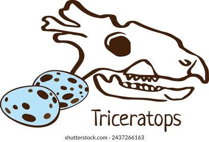 Triceratops scull with eggs. Hand drawn black line art vector illustration. Triceratops. Doodle simple skull skeleton, egg for archaeological, paleontological, alchemy poster, book, game, web designs.