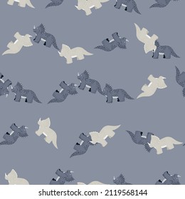 Triceratops seamless pattern. Children dino background. Repeated texture in doodle style for fabric, wrapping paper, wallpaper, tissue. Vector illustration.