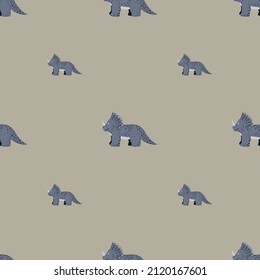 Triceratops seamless pattern. Children dino background. Repeated texture in doodle style for fabric, wrapping paper, wallpaper, tissue. Vector illustration.