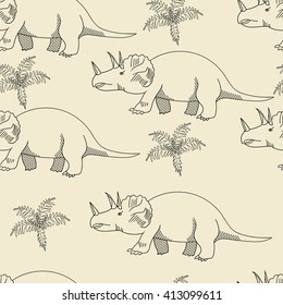 Triceratops seamless retro predator vector illustration. Black and white lines
