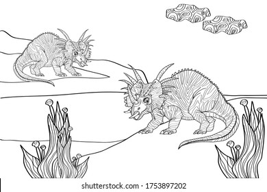 Triceratops. A series of prehistoric dinosaurs. Fossil animals in contour style. Coloring book for children and adults. Art therapy. design for wallpaper. Vector illustration on a white background.
