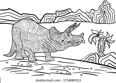 Triceratops. A series of prehistoric dinosaurs. Fossil animals in contour style. Coloring book for children and adults. Art therapy. design for wallpaper. Vector illustration on a white background.