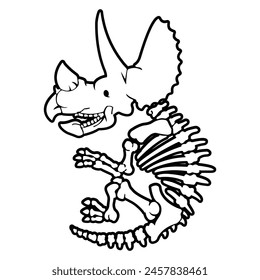 Triceratops skeleton fossil. Ornithischian prehistoric dinosaur. Monochrome art vector illustration