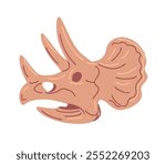 Triceratops skeleton with horns. Prehistoric lizard skull. Dinosaur of the Jurassic period. Archeology and paleontology. Bones of an extinct ceratopsian giant. Flat vector illustration on white