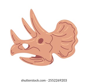 Triceratops skeleton with horns. Prehistoric lizard skull. Dinosaur of the Jurassic period. Archeology and paleontology. Bones of an extinct ceratopsian giant. Flat vector illustration on white